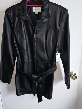 Worthington Black Leather Belted Zip Jacket